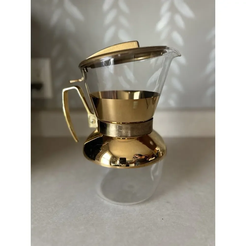 Clear Glass Coffee Pot Carafe w/ Gold-Tone Metal Lid & Handle, Solid